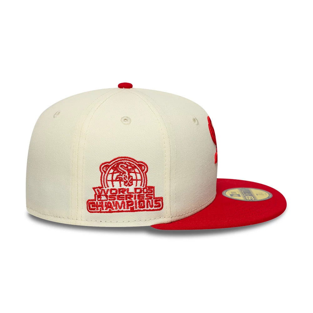 Chicago White Sox MLB Chrome Scarlet Cream New Era 59FIFTY Fitted Cap, rear view showing the red World Series Champions embroidered logo on the cream back panels, red top button, and contrasting red flat visor with a gold 59FIFTY size sticker.