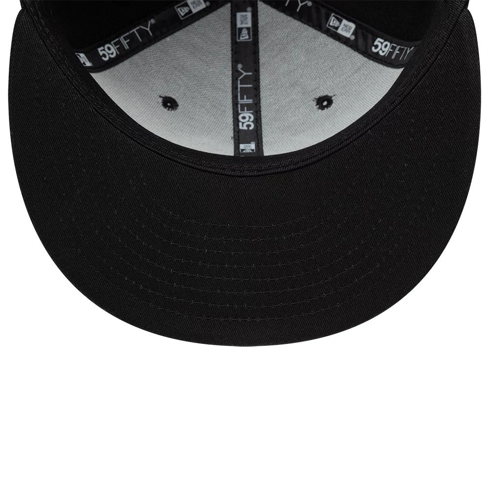 TGR Haas F1 Black New Era 59FIFTY Fitted Cap, inside view showing the black undervisor with detailed stitching, a grey sweatband, and branded black taping featuring the 59FIFTY logo pattern across each panel.