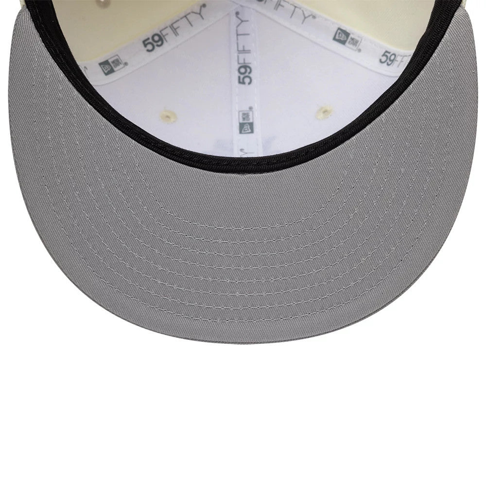 Visa Cash App Racing Bulls Cream & Grey New Era 59FIFTY Fitted Cap, inside view showing grey undervisor with cream taping featuring repeated 59FIFTY branding, a black sweatband, and a small New Era flag logo on white lining.