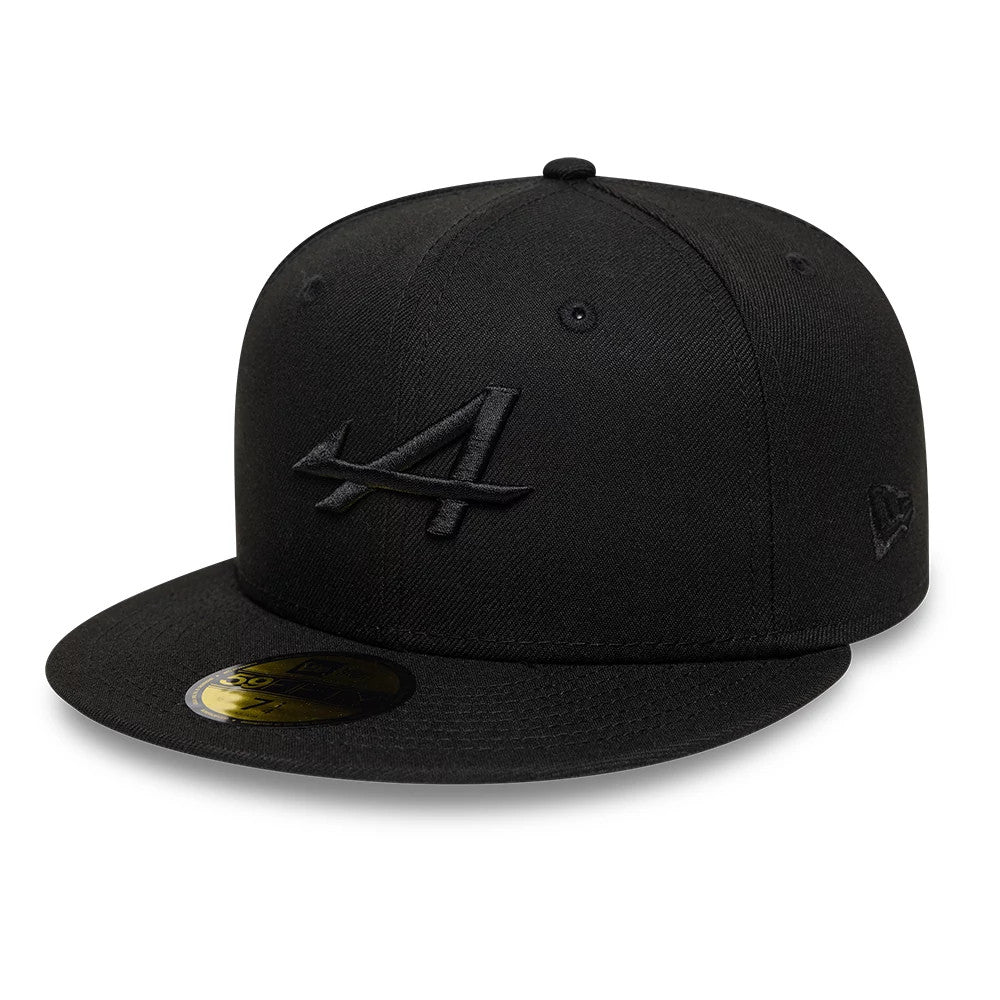 Alpine Racing Black New Era 59FIFTY Fitted Cap, front view showing the black embroidered A logo on the front panel, with a flat black visor and a gold 59FIFTY size sticker placed on the visor.