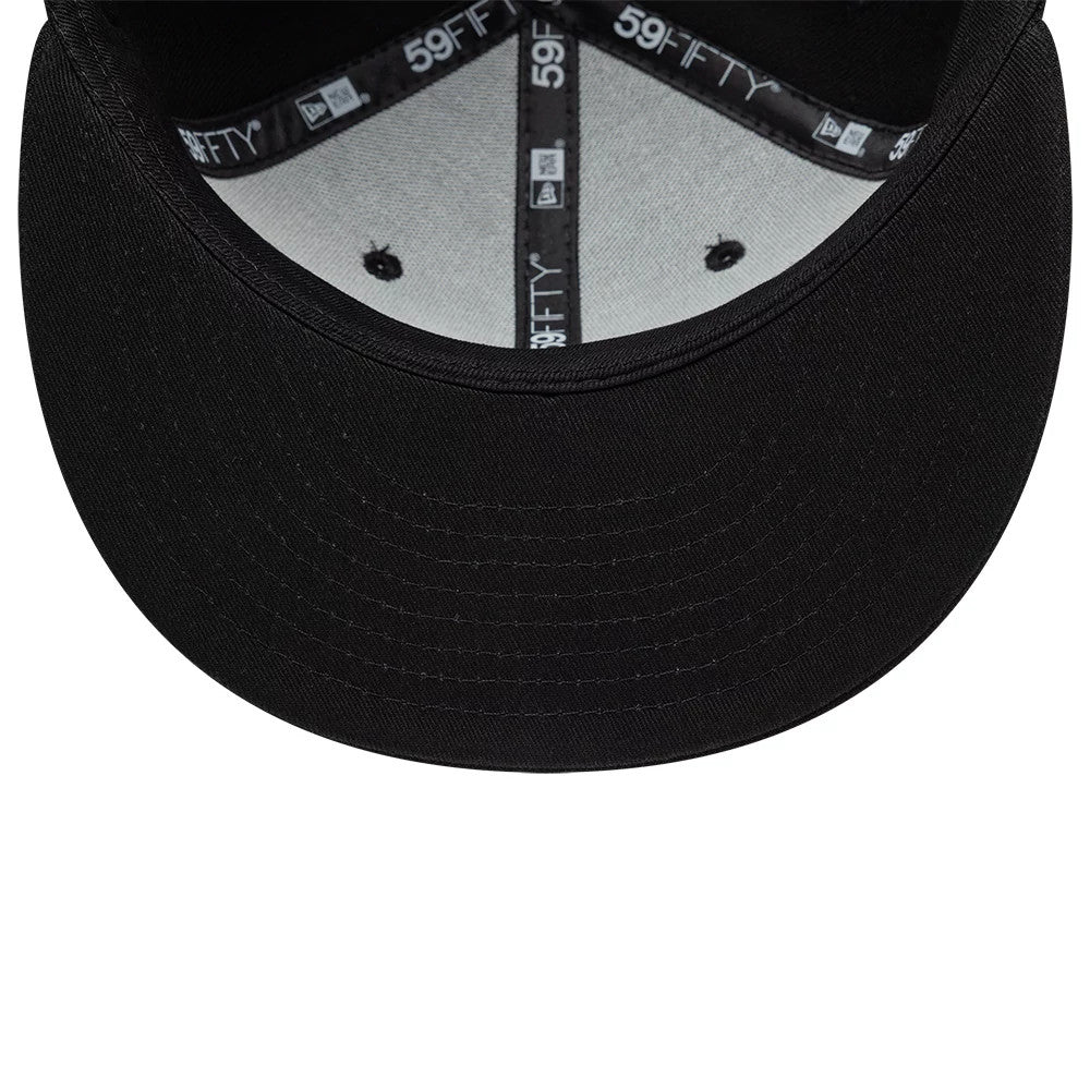 Alpine Racing Black New Era 59FIFTY Fitted Cap, inside view showing the grey undervisor, black sweatband with New Era brand logos, and a gold 59FIFTY size sticker affixed to the flat black visor.