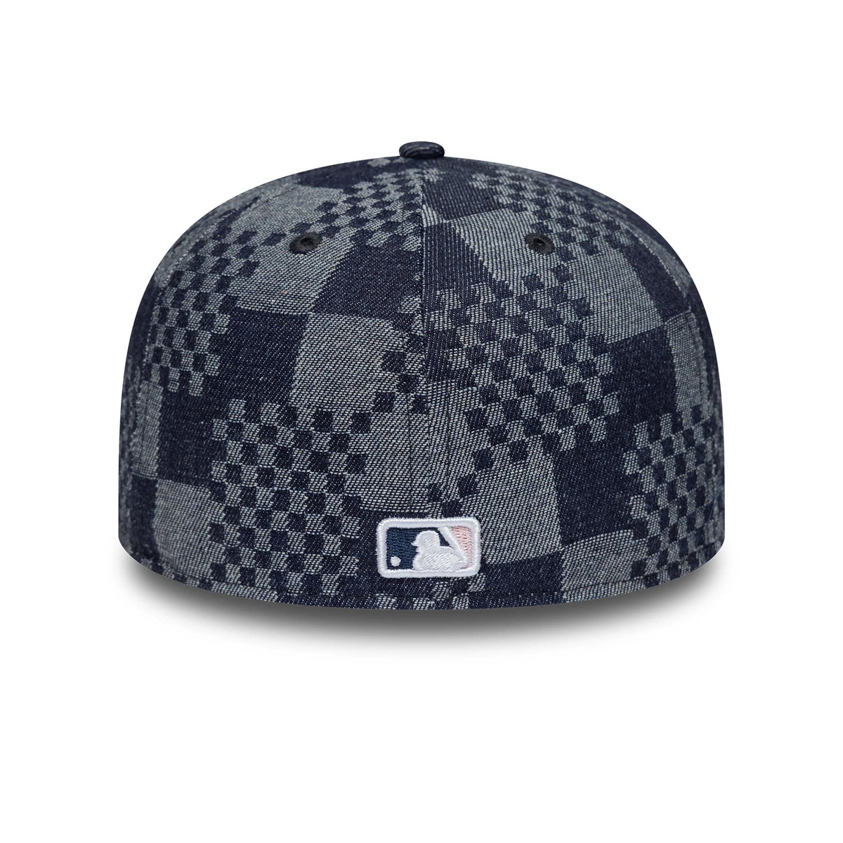 New York Yankees MLB Denim Blue New Era 59FIFTY Fitted Cap, rear view showing the embroidered MLB Batterman logo at the centre back, with a unique checkerboard denim pattern on the structured crown and dark blue eyelets.
