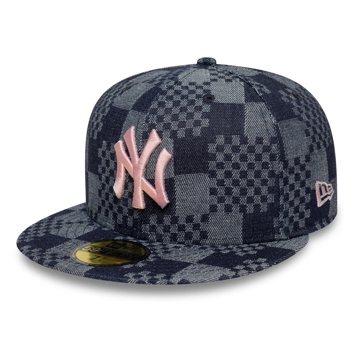 New York Yankees MLB Denim Blue New Era 59FIFTY Fitted Cap, front view showing the pink raised embroidered NY logo on the checkered denim crown, the matching pink New Era flag logo on the left side.