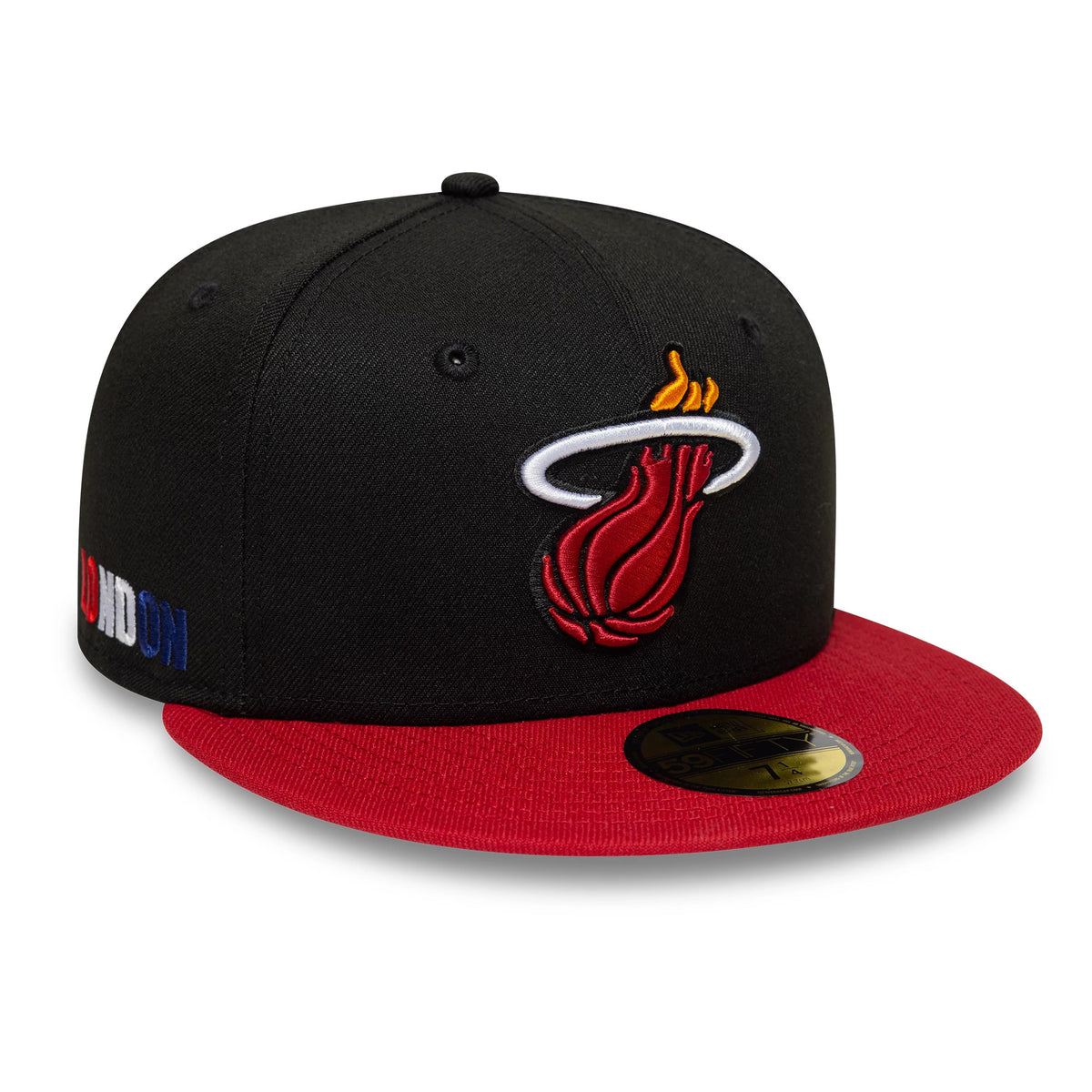 Pictured is this NBA Global Games 2026 London Miami Heat 59FIFTY Fitted cap in black and dark red. 1