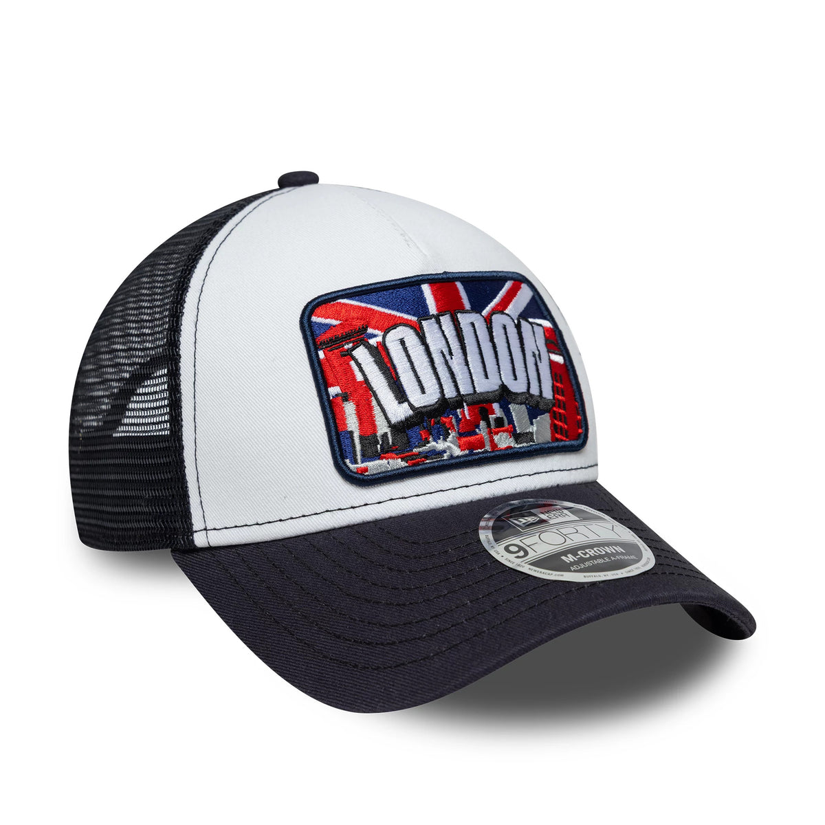 Pictured is this New Era London 9FORTY M-Crown A-Frame Trucker cap in white & navy. 3