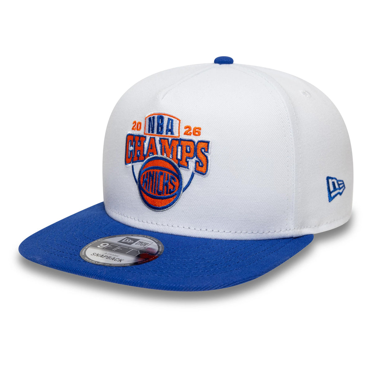 Pictured is this NBA Champs 2025 - 2026 New York Knicks 9FIFTY A-Frame Snapback cap in white and blue. 1
