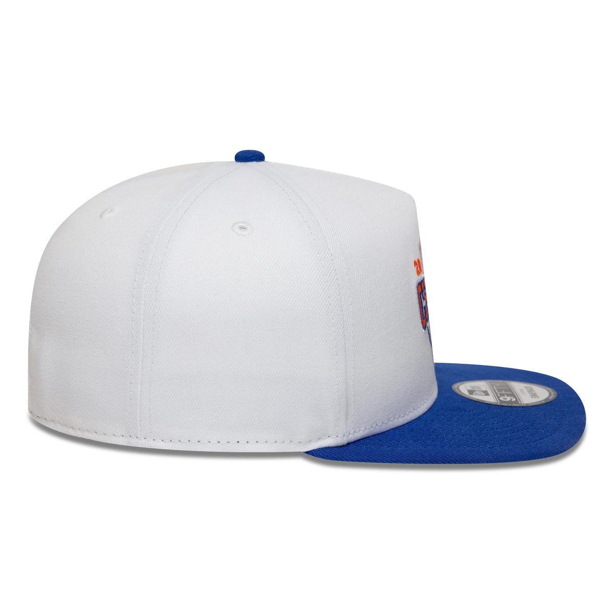 Pictured is this NBA Champs 2025 - 2026 New York Knicks 9FIFTY A-Frame Snapback cap in white and blue. 7