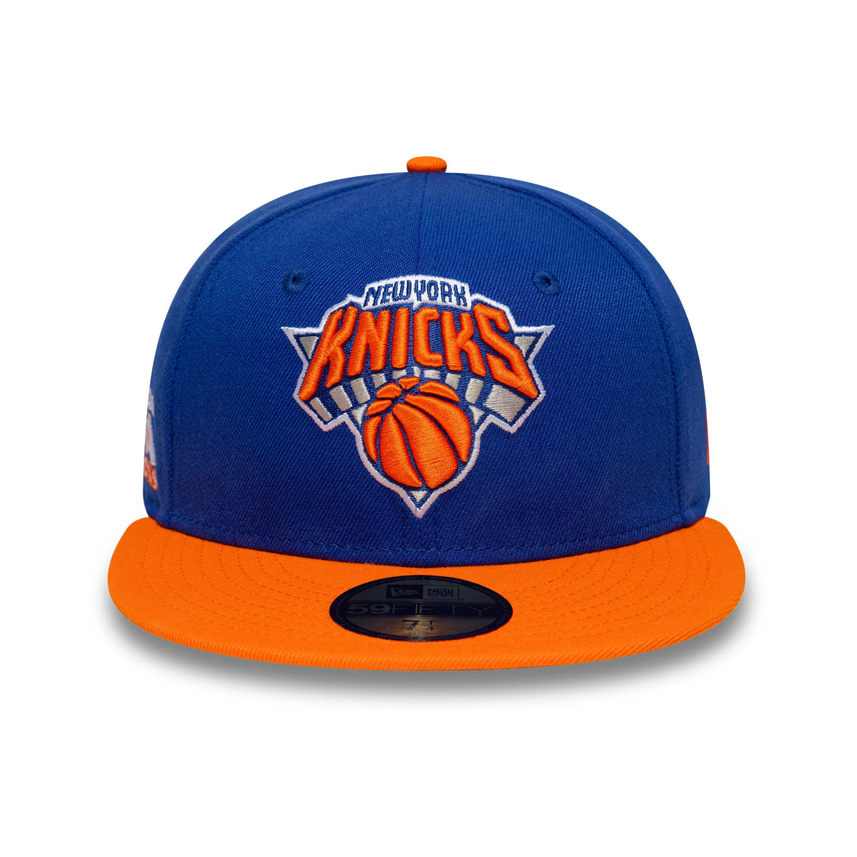Pictured is this NBA Champs 2025 - 2026 New York Knicks 59FIFTY Fitted cap in blue and orange. 3
