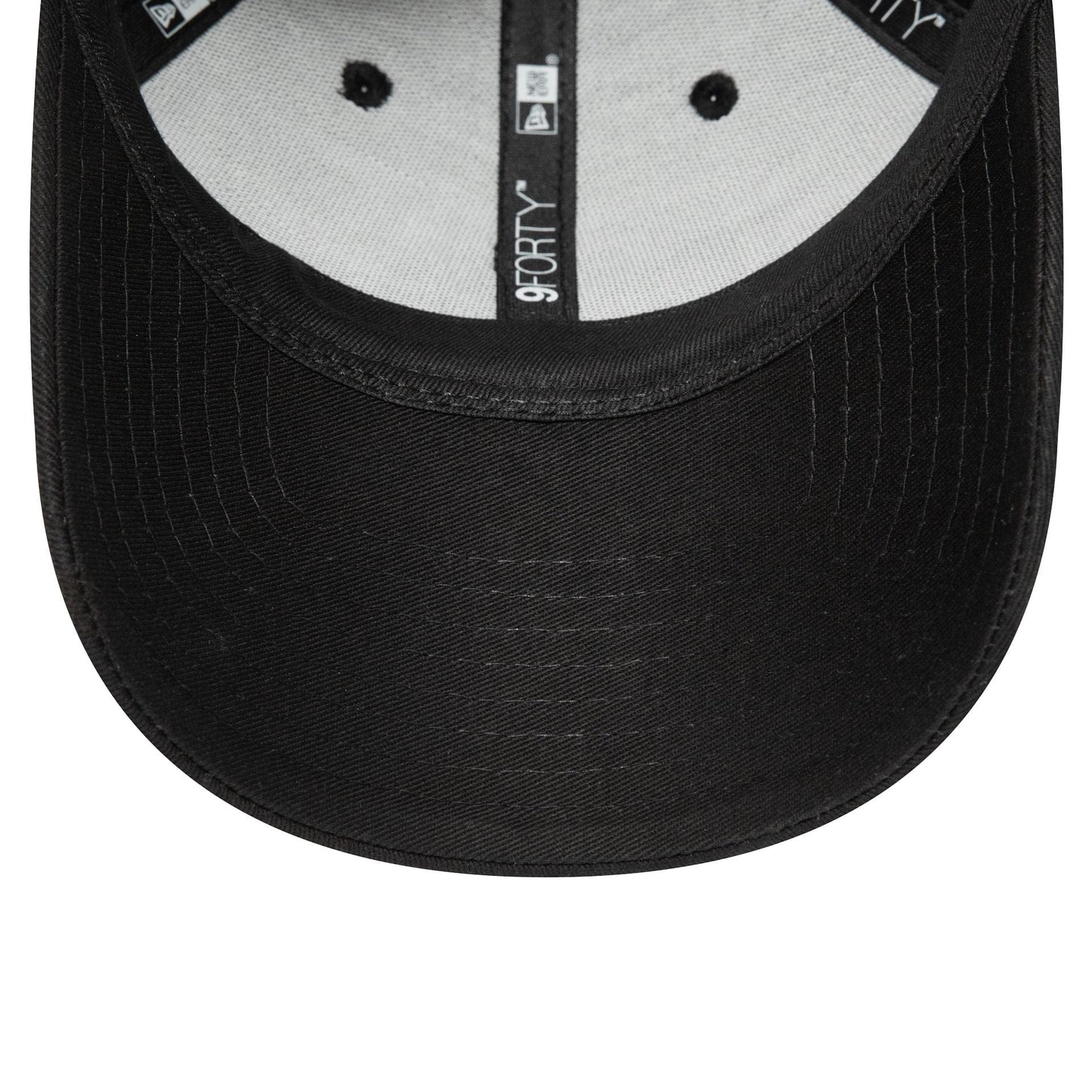 New York Yankees Essential Black on Black New Era 9FORTY Cap, inside view showing the black undervisor, grey inner panels with black taping, and a central 9FORTY logo on the taping.