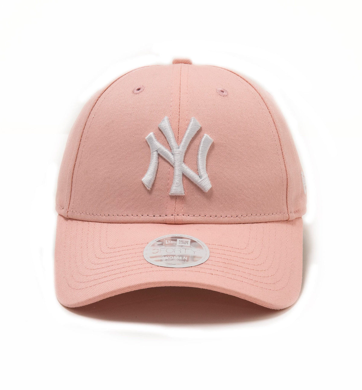 New York Yankees Essential Womens Pink New Era 9FORTY Cap, front view showing a white raised embroidered NY logo on the structured pink crown, a pre-curved pink visor, and a 9FORTY size sticker centred on the visor.