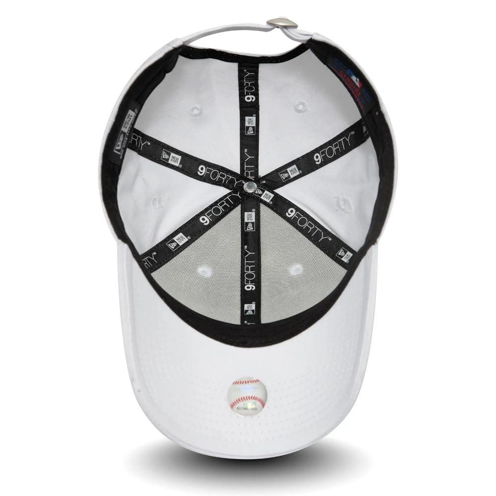 New York Yankees Essential Womens White New Era 9FORTY Cap, inside view showing black branded taping with white 9FORTY lettering, a grey undervisor, and an adjustable strap at the back, set against the white structured crown.