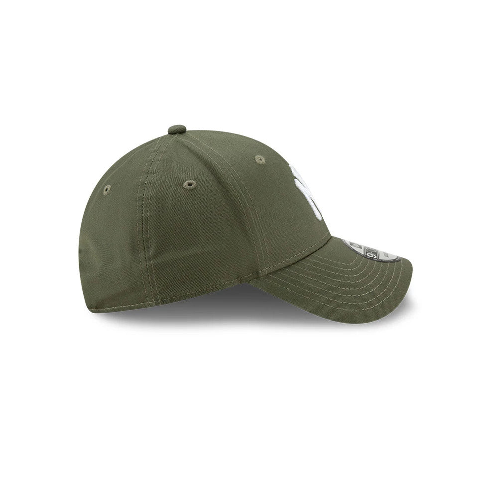 New York Yankees Essential Green New Era 9FORTY Cap, side view showing the embroidered New Era flag logo on the left side, olive green structured crown with matching top button, and a curved visor displaying a 9FORTY size sticker.