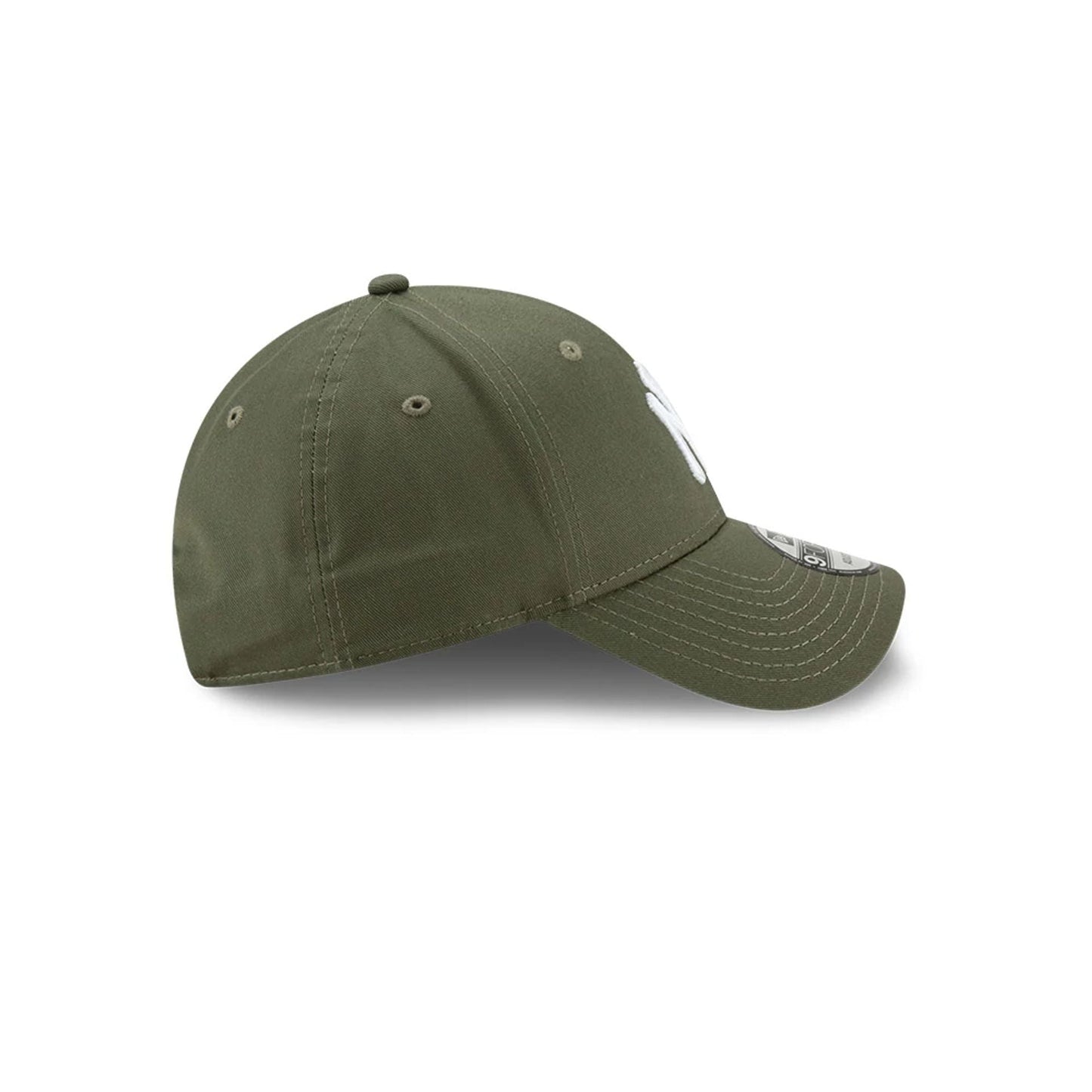 New York Yankees Essential Green New Era 9FORTY Cap, side view showing the embroidered New Era flag logo on the left side, olive green structured crown with matching top button, and a curved visor displaying a 9FORTY size sticker.