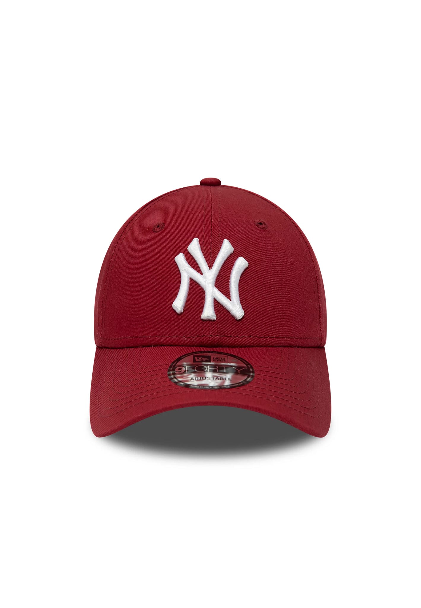 New York Yankees Essential Red New Era 9FORTY Cap, front view showing a white raised embroidered NY logo on the structured red crown, with an arched red visor and a 9FORTY size sticker centrally placed.