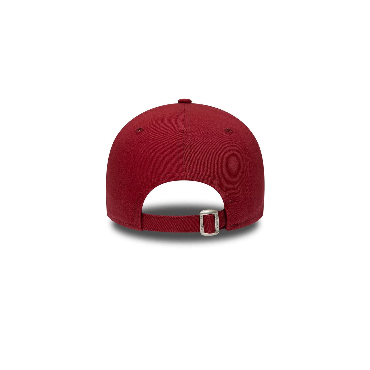 New York Yankees Essential Red New Era 9FORTY Cap, rear view showing the adjustable strap with a buckle, set on the red structured crown with two eyelets and a matching top button.