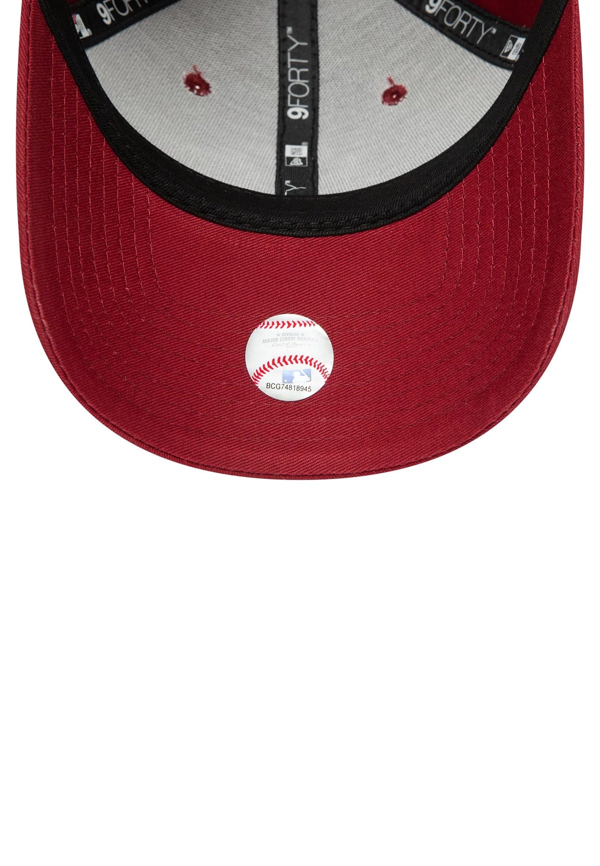 New York Yankees Essential Red New Era 9FORTY Cap, inside view showing the black undervisor, grey sweatband with 9FORTY branding, and baseball graphic sticker perfectly positioned on the centre of the red curved visor.