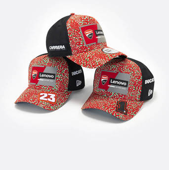 three pyramid stacked red and black Ducati Mugello trucker caps for mobile