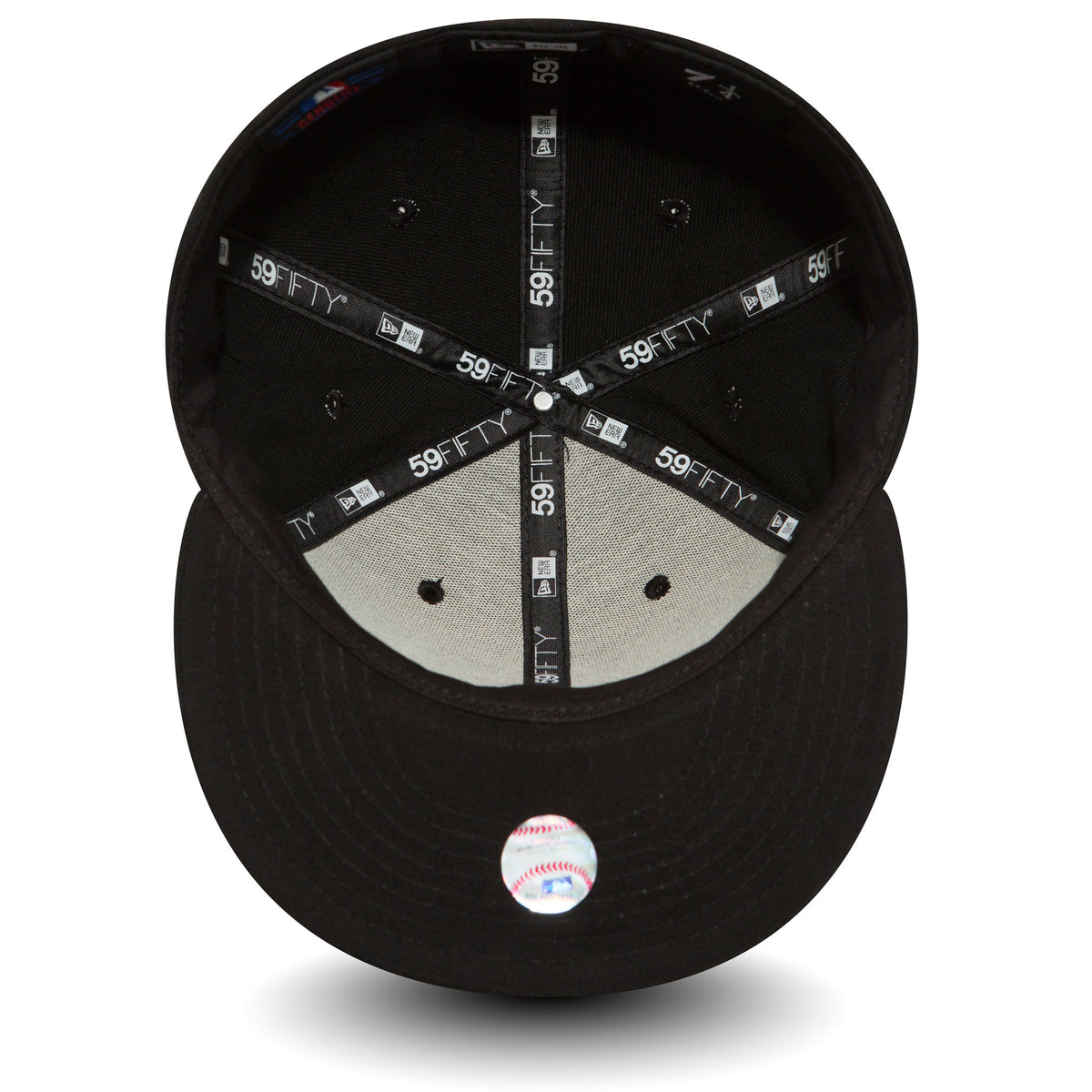 New York Yankees Black On Black New Era 59FIFTY Fitted Cap, inside view showing black 59FIFTY taping on the seams, a grey undervisor, and a white and red MLB logo sticker on the underside of the visor.
