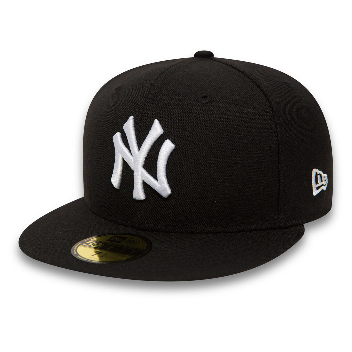 New York Yankees Essential Black New Era 59FIFTY Cap, three-quarter view showing a raised white embroidered NY logo on the front panel, a gold 59FIFTY size sticker on the visor, and the New Era flag logo on the left side.