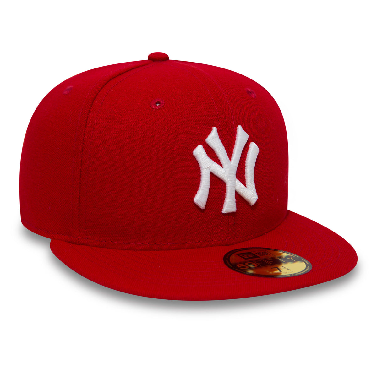 New York Yankees Essential Red New Era 59FIFTY Cap, three-quarter view showing the raised white NY logo on the front panel, red flat visor, and gold 59FIFTY size sticker on the top of the visor.