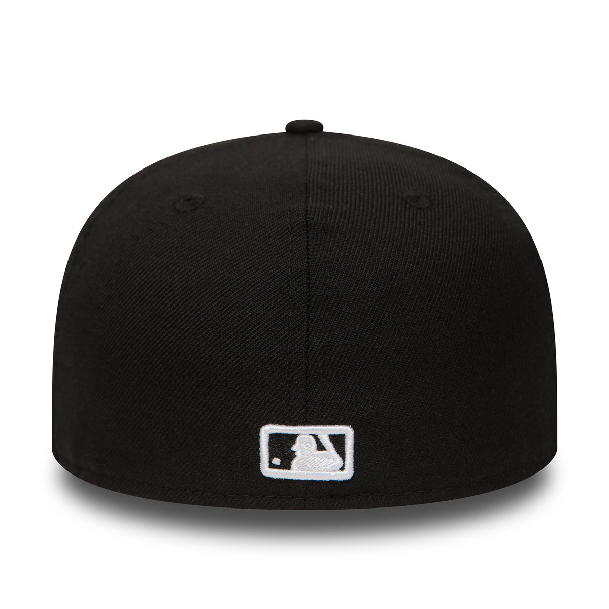 Atlanta Braves Essential Black New Era 59FIFTY Cap, rear view showing the white embroidered MLB Batterman logo at the centre back of the black crown, with matching top button and eyelets.