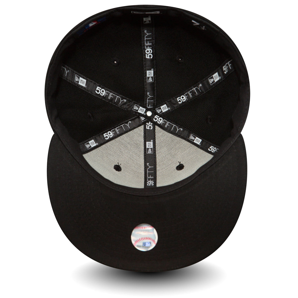 Atlanta Braves Essential Black New Era 59FIFTY Cap, inside view showing black 59FIFTY taping, a grey undervisor, black sweatband, and a round sticker on the underside of the visor.