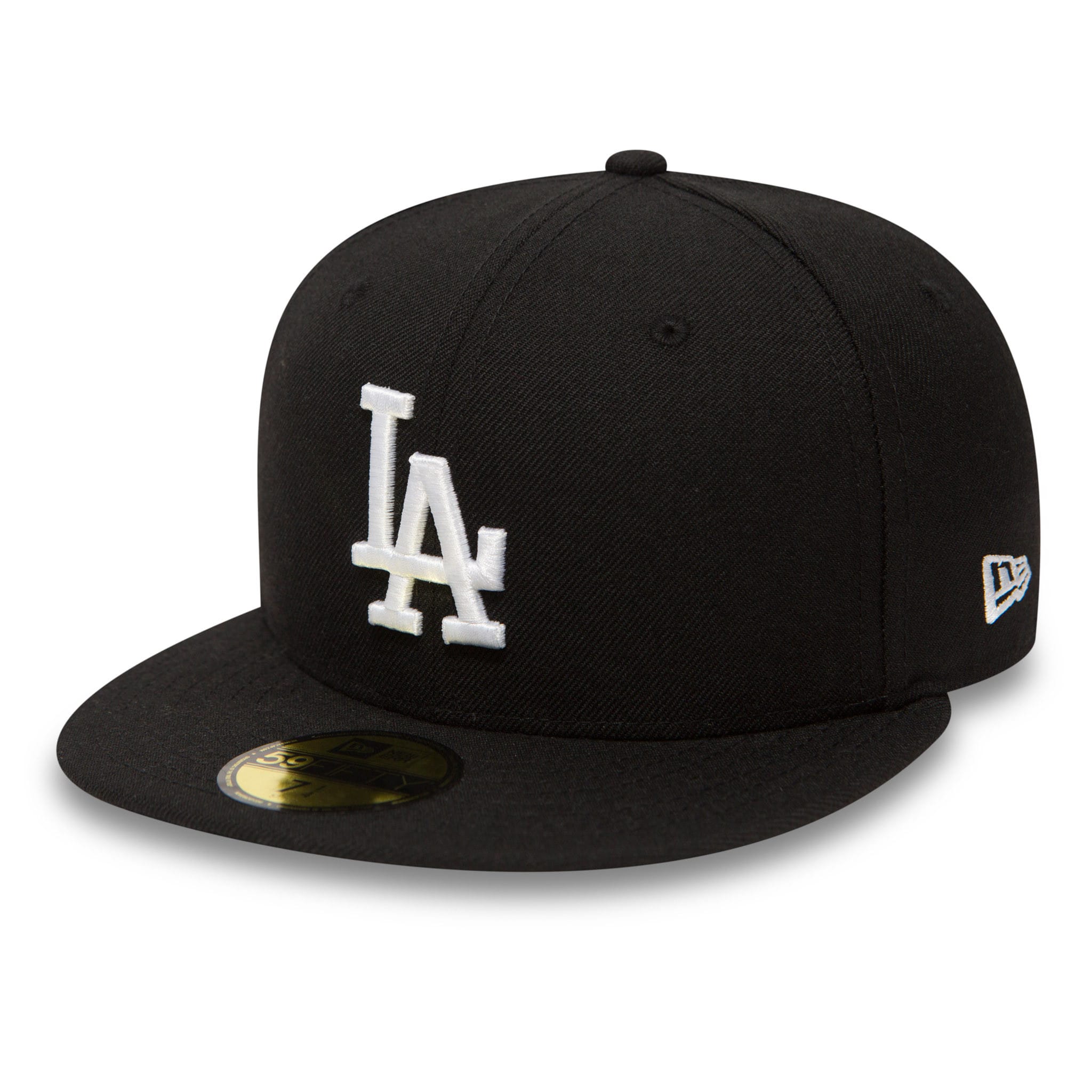 LA Dodgers Essential Black New Era 59FIFTY Cap, front view showing raised white LA logo embroidered on the front panel, black flat visor with gold 59FIFTY size sticker, and New Era flag logo on the left side.