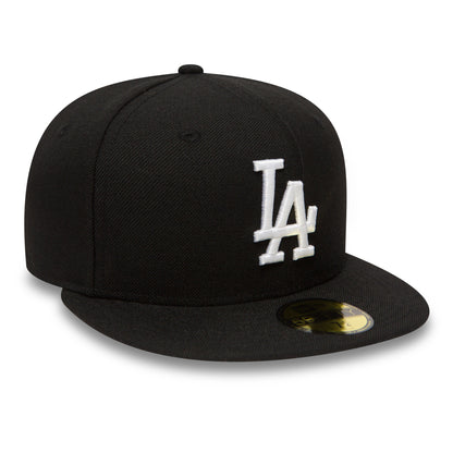 LA Dodgers Essential Black New Era 59FIFTY Cap, front view with raised white LA logo embroidered on the structured black crown and a gold 59FIFTY size sticker on the flat black visor.
