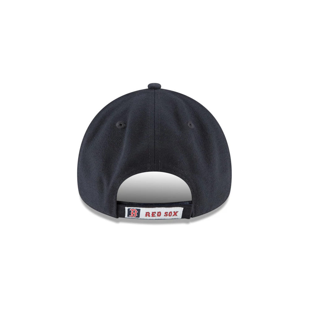 Boston Red Sox The League Blue New Era 9FORTY Cap, rear view showing the red and white embroidered Red Sox text on the adjustable strap, and the B logo on a dark blue structured crown.