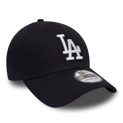 LA Dodgers Classic Navy New Era 39THIRTY Cap, three-quarter view showing raised white LA logo on the front panel, curved navy visor with a 39THIRTY size sticker, and matching navy top button and eyelets.