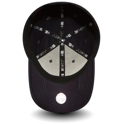 LA Dodgers Classic Navy New Era 39THIRTY Cap, inside view showing grey undervisor, New Era and 39THIRTY taping across the black sweatband, and a white and red baseball image on the underside of the visor.