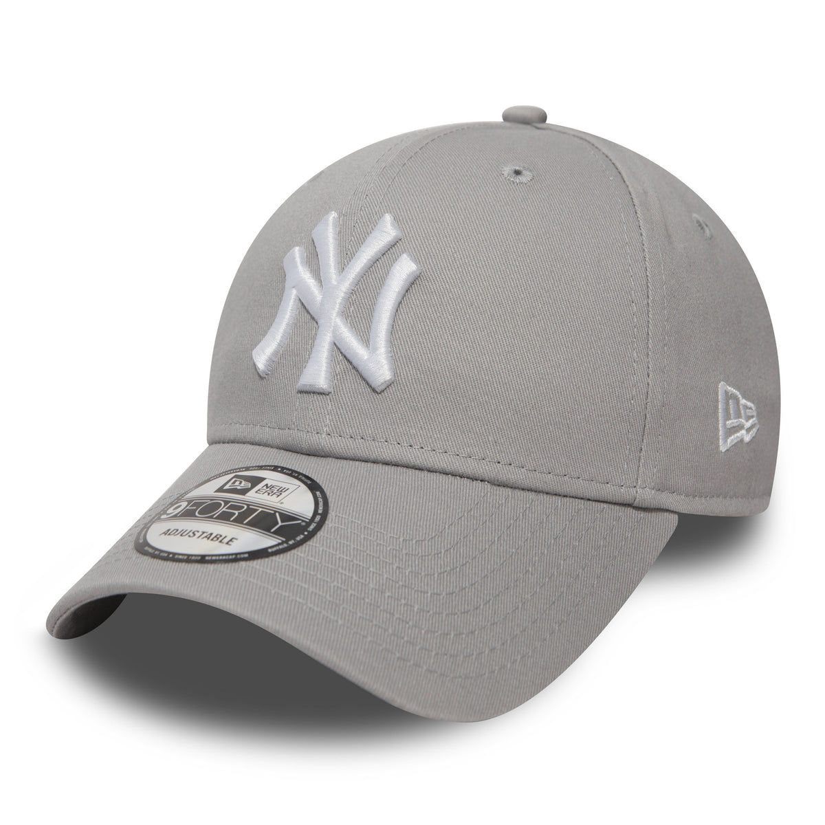 New York Yankees Essential Grey New Era 9FORTY Cap, front view showing white raised embroidery NY logo on the structured grey crown, grey curved visor with a 9FORTY size sticker, and New Era flag logo on the left side.