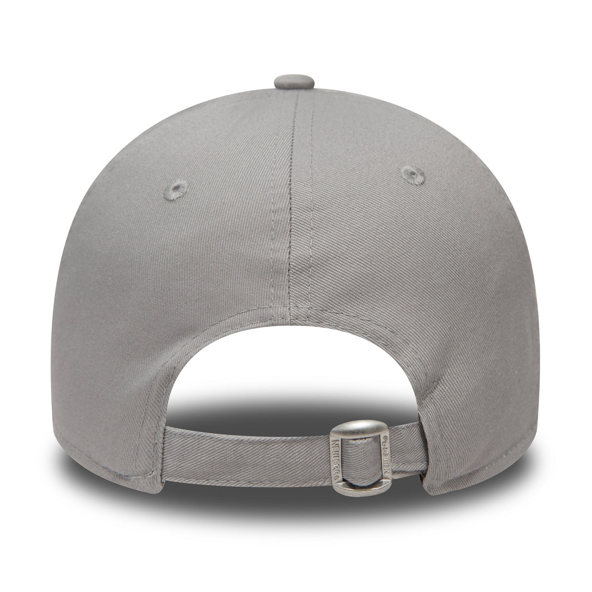 New York Yankees Essential Grey New Era 9FORTY Cap, rear view showing the unstructured grey crown with a metal buckle on the adjustable strap and tonal embroidered eyelets for ventilation.