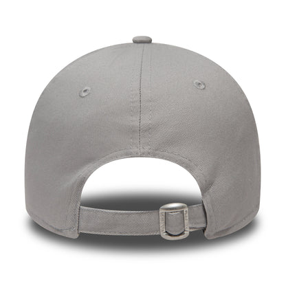 New York Yankees Essential Grey New Era 9FORTY Cap, rear view showing the unstructured grey crown with a metal buckle on the adjustable strap and tonal embroidered eyelets for ventilation.