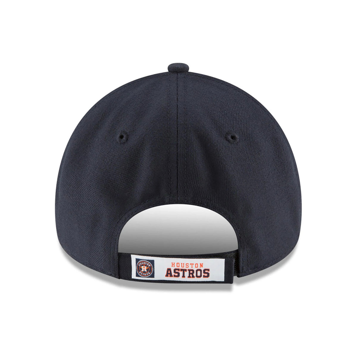 Houston Astros The League Navy New Era 9FORTY Cap, rear view showing the embroidered Houston Astros text and circular team logo on the adjustable strap, centred on the navy structured crown.