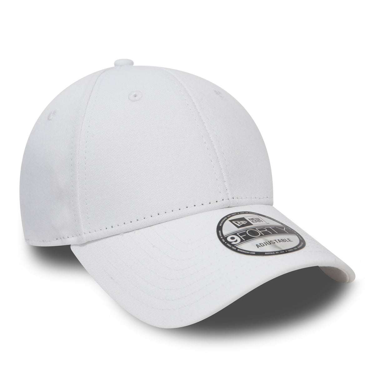 New Era Flag White New Era 9FORTY Cap, three-quarter view showing the curved visor with a 9FORTY size sticker, white crown with structured panels, embroidered eyelets, and a top button.