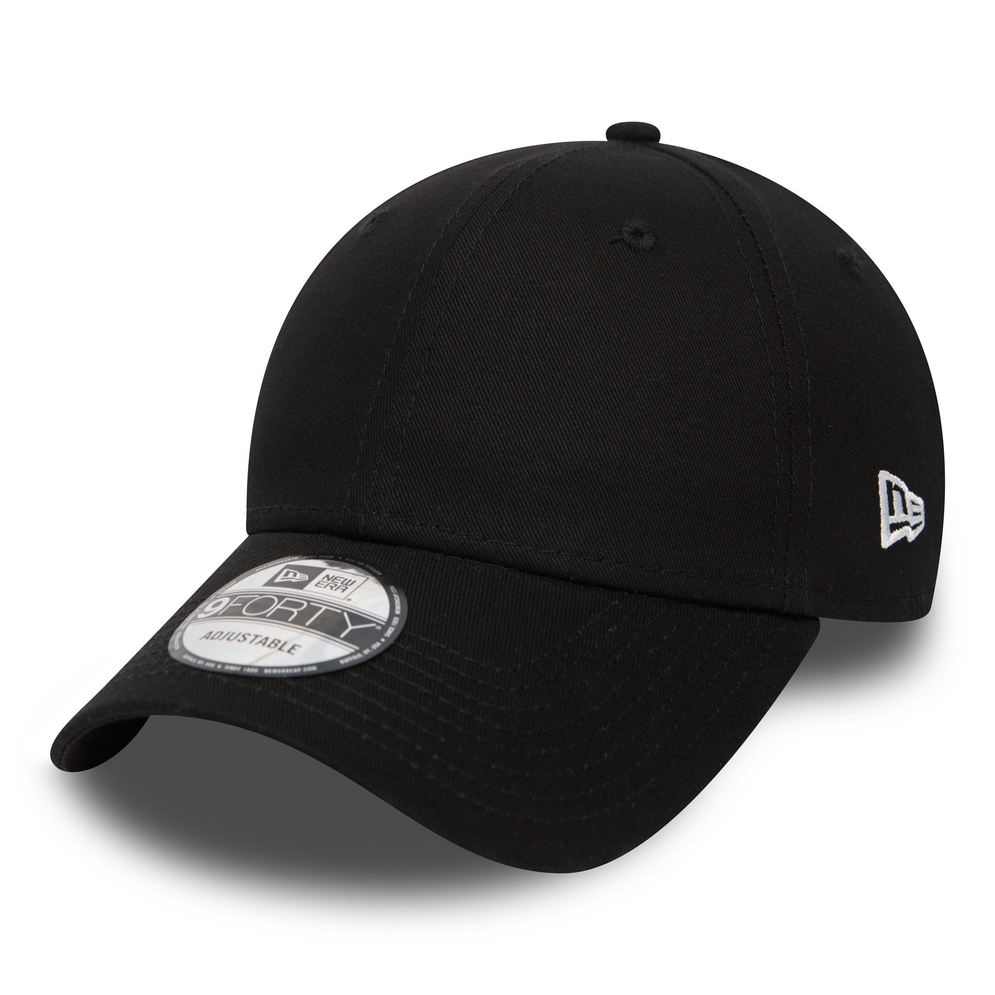 New Era Flag Black New Era 9FORTY Cap, three-quarter view with the New Era flag logo embroidered in white on the left side, curved visor with a 9FORTY size sticker, and a black top button.