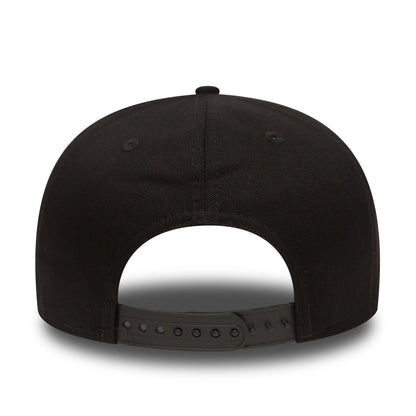 New York Yankees Black New Era 9FIFTY Cap, rear view showing the absence of a back logo, a structured black crown with eyelets, and a black adjustable snap closure at the lower edge.