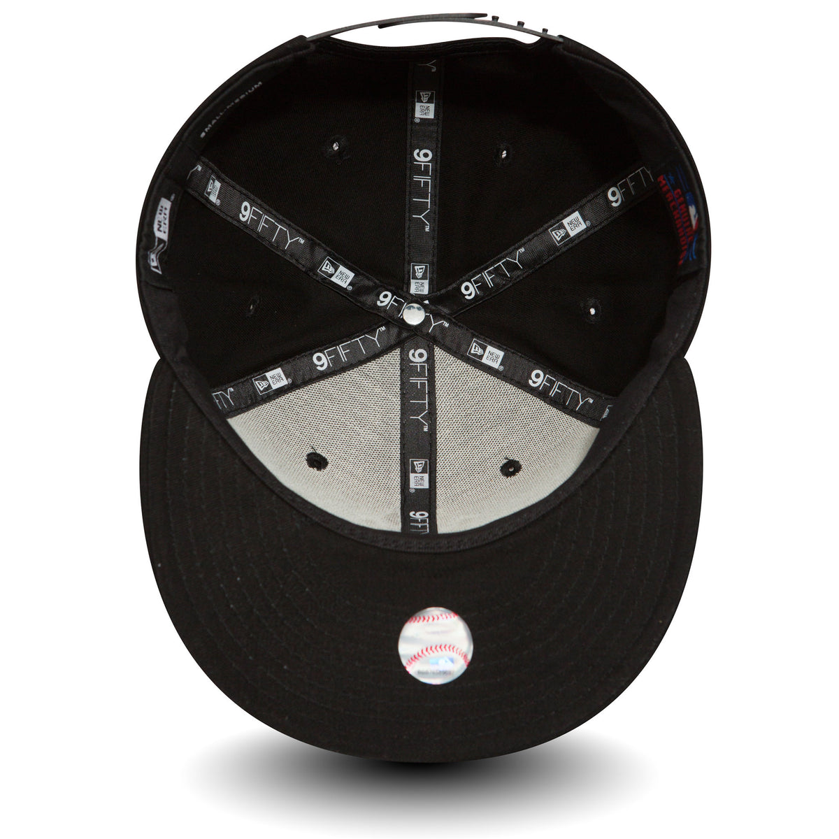 New York Yankees Black New Era 9FIFTY Cap, inside view showing the grey undervisor with a 9FIFTY sticker and black taped seams featuring repeating 9FIFTY branding in white lettering.