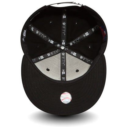 New York Yankees Black New Era 9FIFTY Cap, inside view showing the grey undervisor with a 9FIFTY sticker and black taped seams featuring repeating 9FIFTY branding in white lettering.