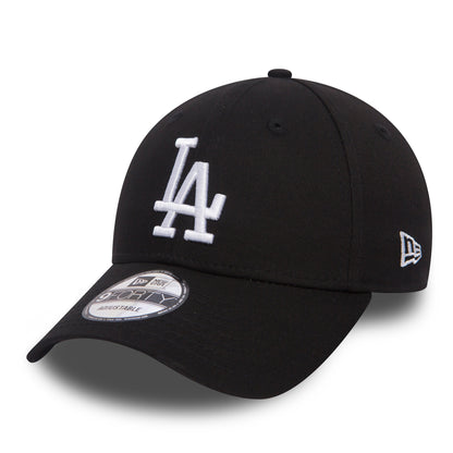 LA Dodgers Essential Black New Era 9FORTY Cap, three-quarter view showing the raised white LA logo embroidered on the front panel, curved black visor with 9FORTY size sticker, and New Era flag logo on the left side.