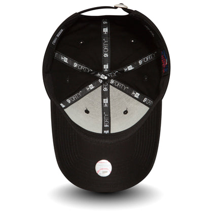 LA Dodgers Essential Black New Era 9FORTY Cap, inside view showing the black and grey 9FORTY taping across the crown, two black eyelets, and the white 9FORTY size sticker on the underside of the visor.