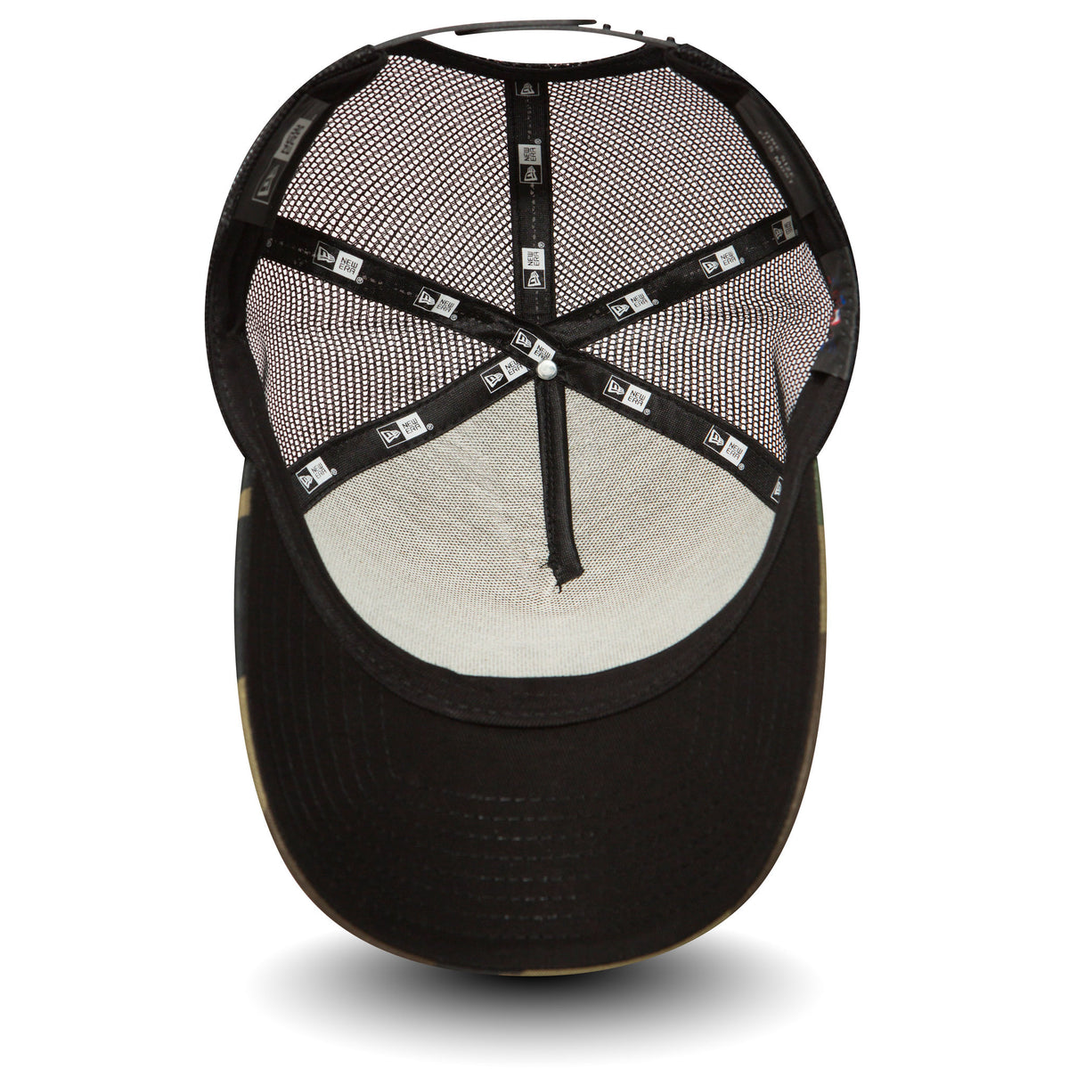 New York Yankees Clean Camo A-Frame Trucker Cap, inside view showing black taping with New Era logos, a white mesh interior, and a black undervisor beneath the structured front panels.