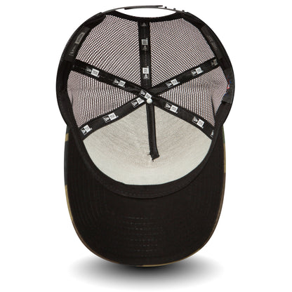 New York Yankees Clean Camo A-Frame Trucker Cap, inside view showing black taping with New Era logos, a white mesh interior, and a black undervisor beneath the structured front panels.