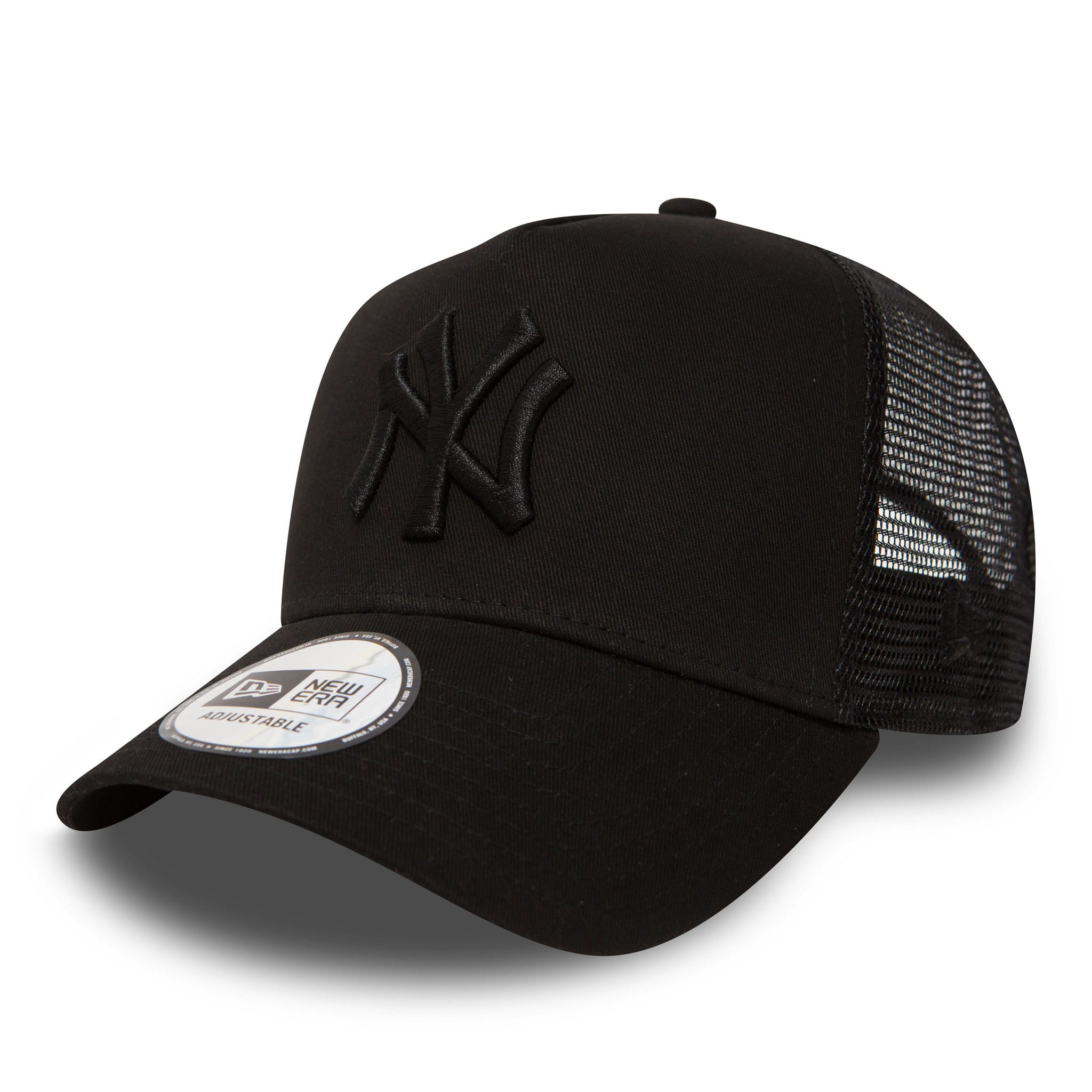 New York Yankees Clean Black On Black A-Frame Trucker Cap, three-quarter view showing the raised black embroidered NY logo on the front panel, curved black visor with a New Era adjustable size sticker, and mesh back panels.