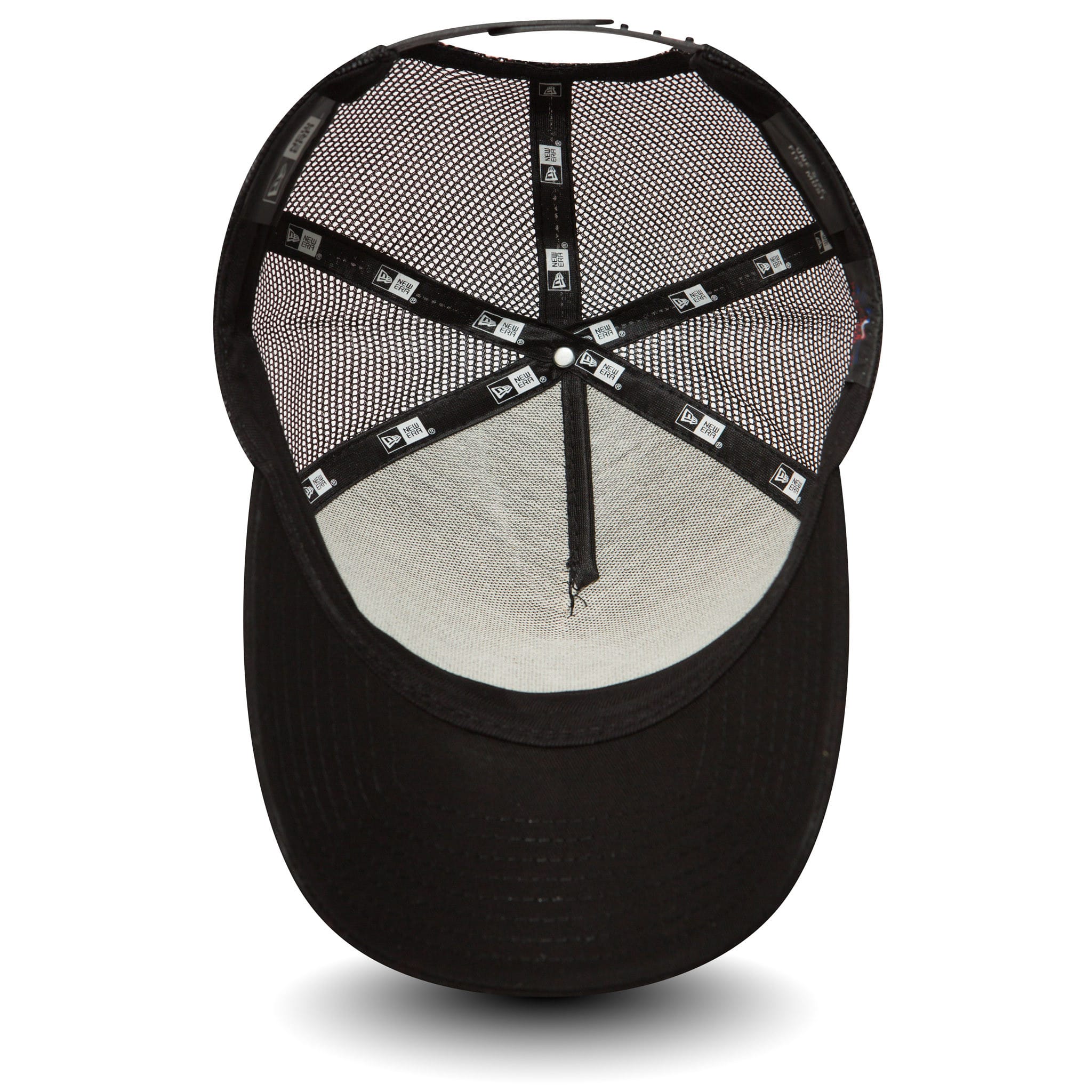 New York Yankees Clean Black On Black A-Frame Trucker Cap, inside view showing black New Era taping along the seams and a mesh interior with a black undervisor, and a black sweatband lining the edge.