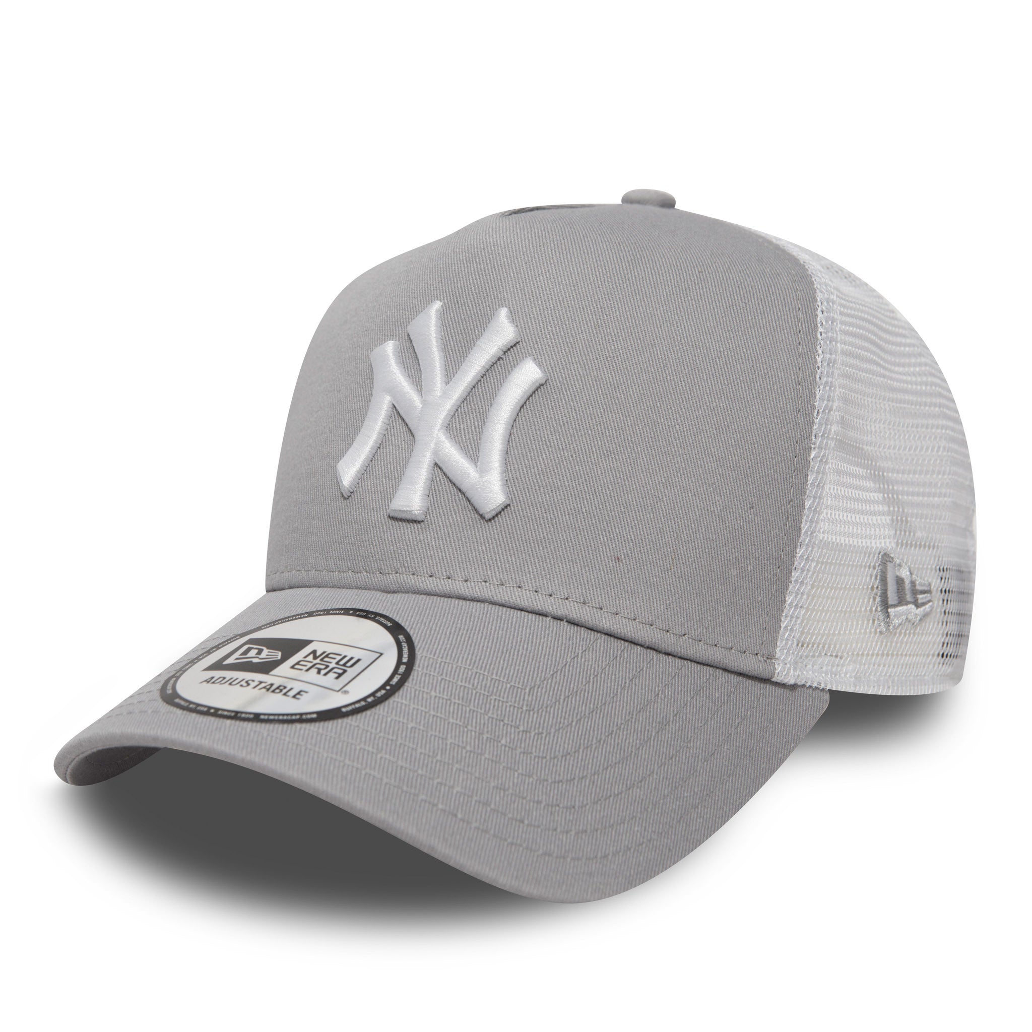New York Yankees Clean Grey New Era A-Frame Trucker Cap, front view showing the raised white NY logo on the front panel, white mesh rear panels, a curved visor with a New Era Adjustable size sticker, and the New Era flag logo on the left side.