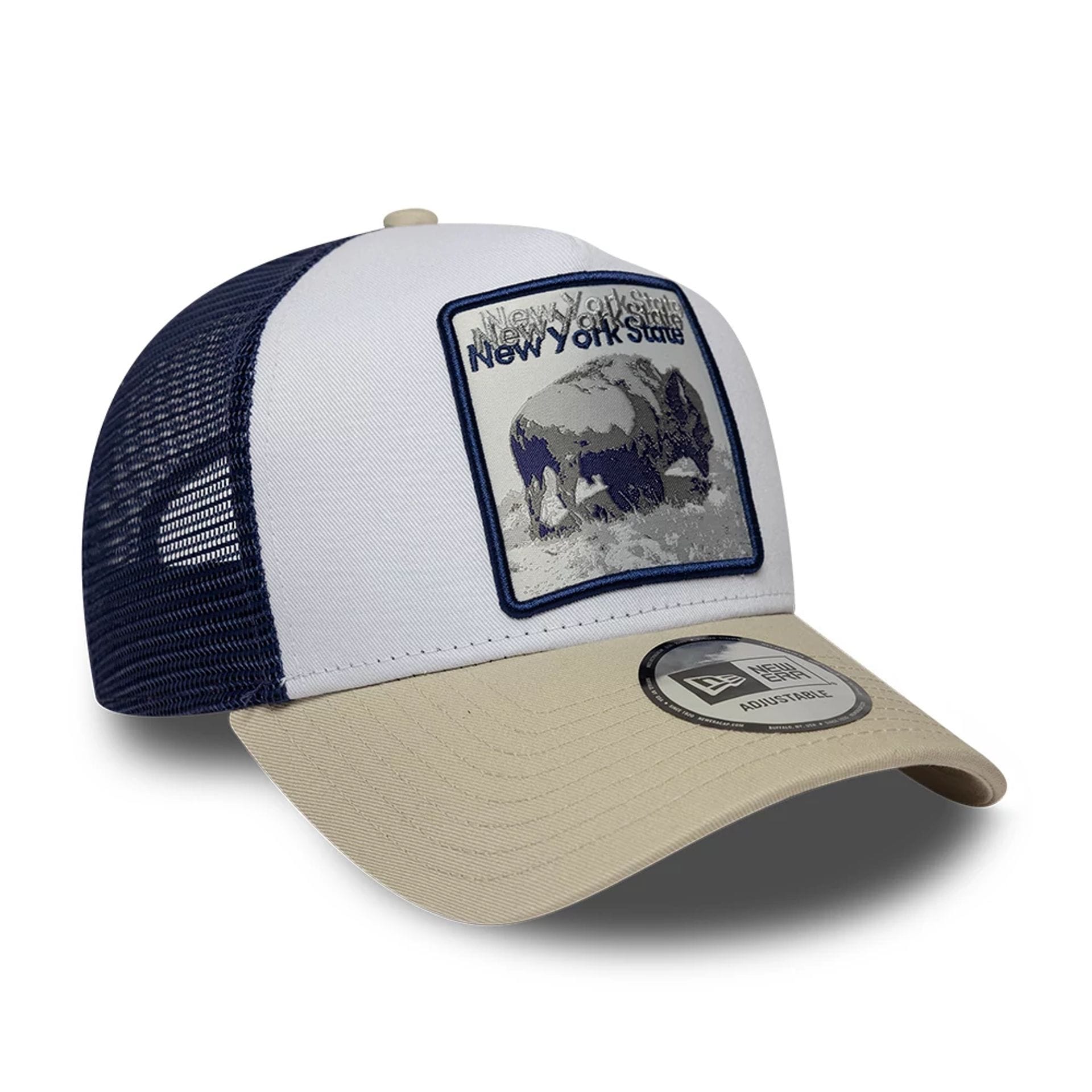 Pictured is this New Era New York State Bison 9FORTY A-Frame Trucker Adjustable cap in white. 3