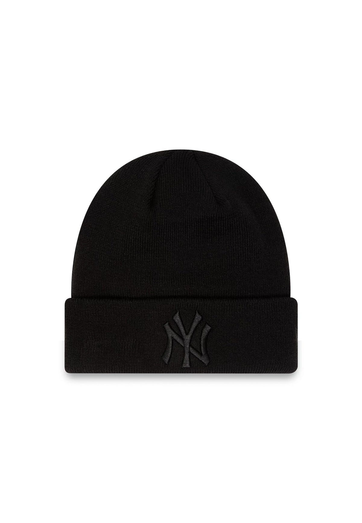 New Era New York Yankees Essential All Black Cuff Beanie Hat, front view showing the raised embroidered NY logo in black on the cuff, with a rounded crown and a seamless knit design.
