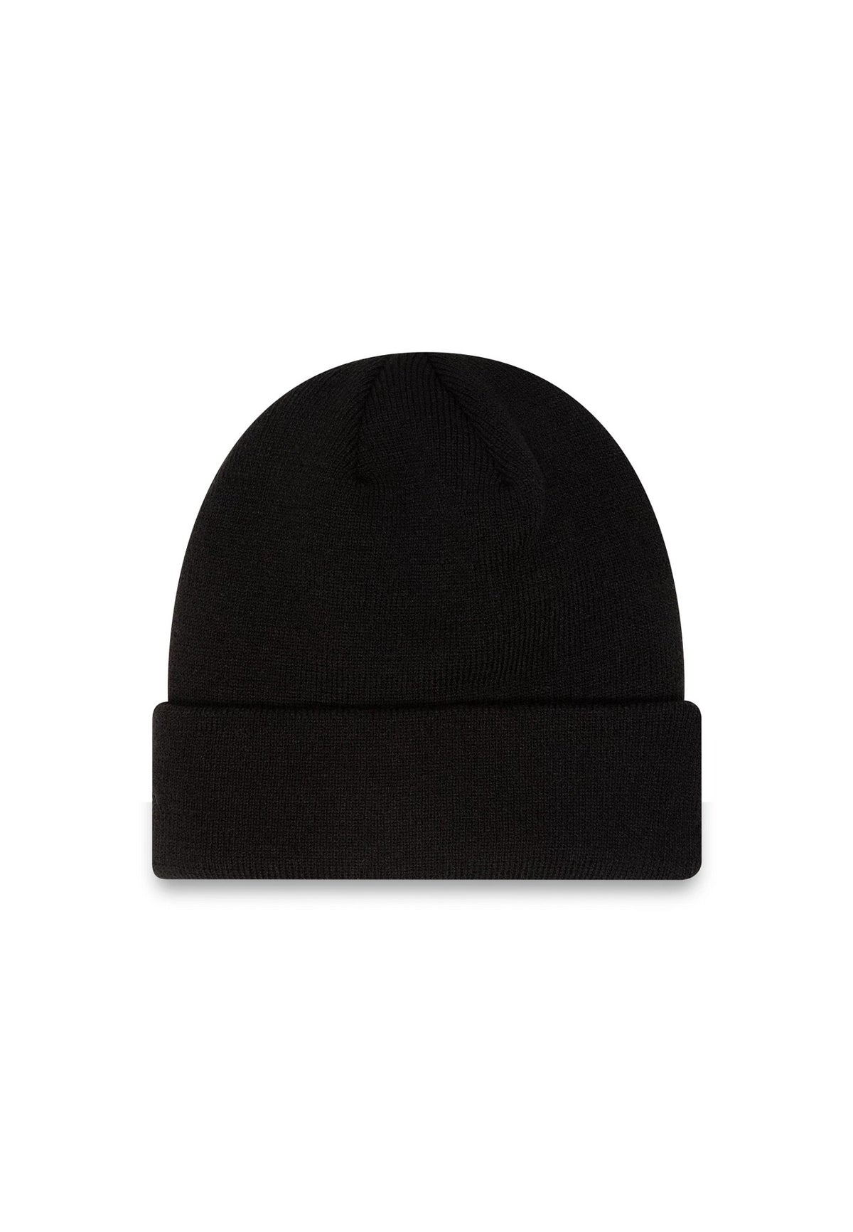 New York Yankees Essential All Black Cuff Beanie Hat, front view showing the simple cuff design and smooth texture with a plain black finish, centred on the crown with no visible logos or embellishments.